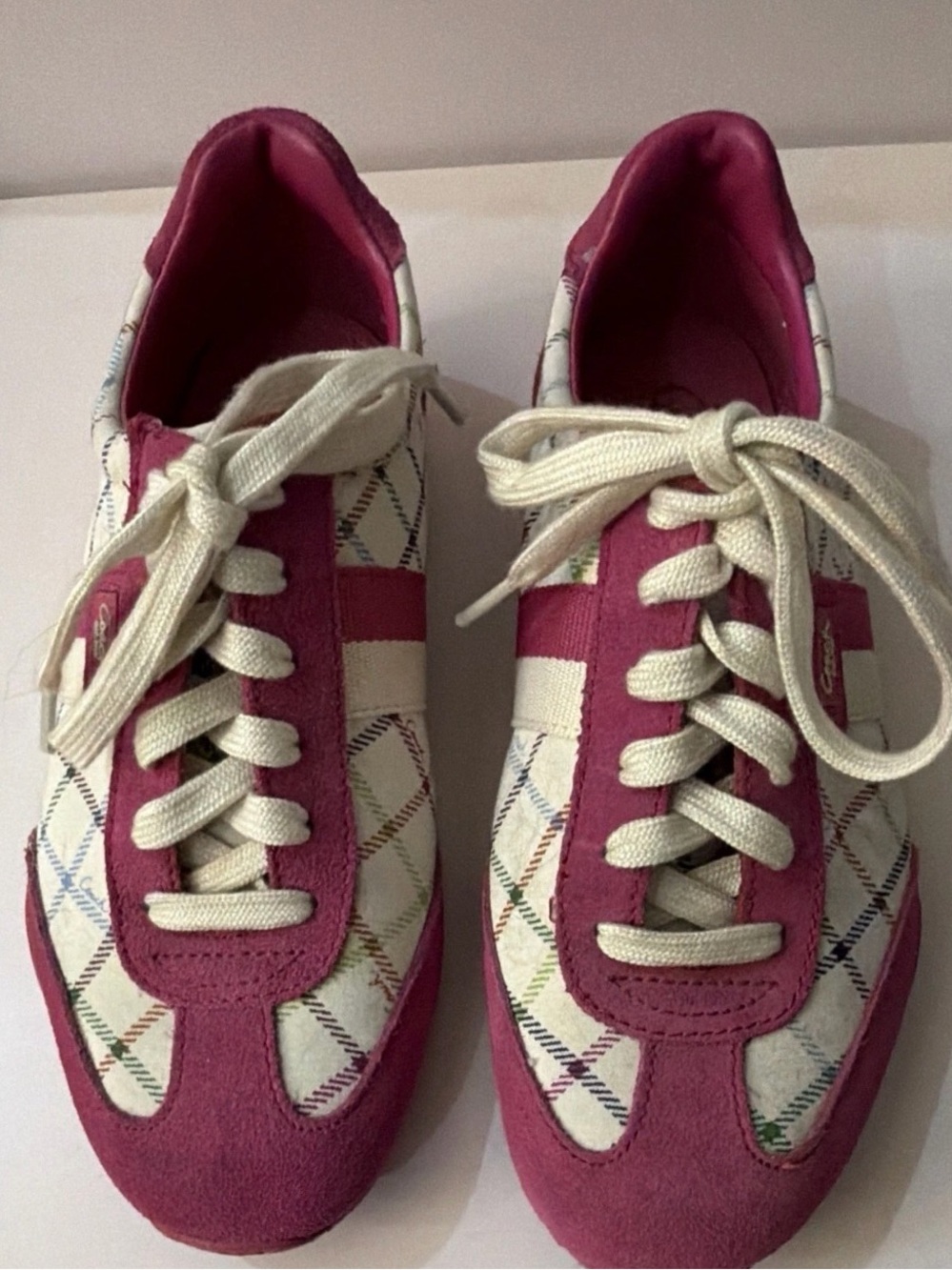 Coach Women's Pink and White Plaid Lace-Up Sneakers